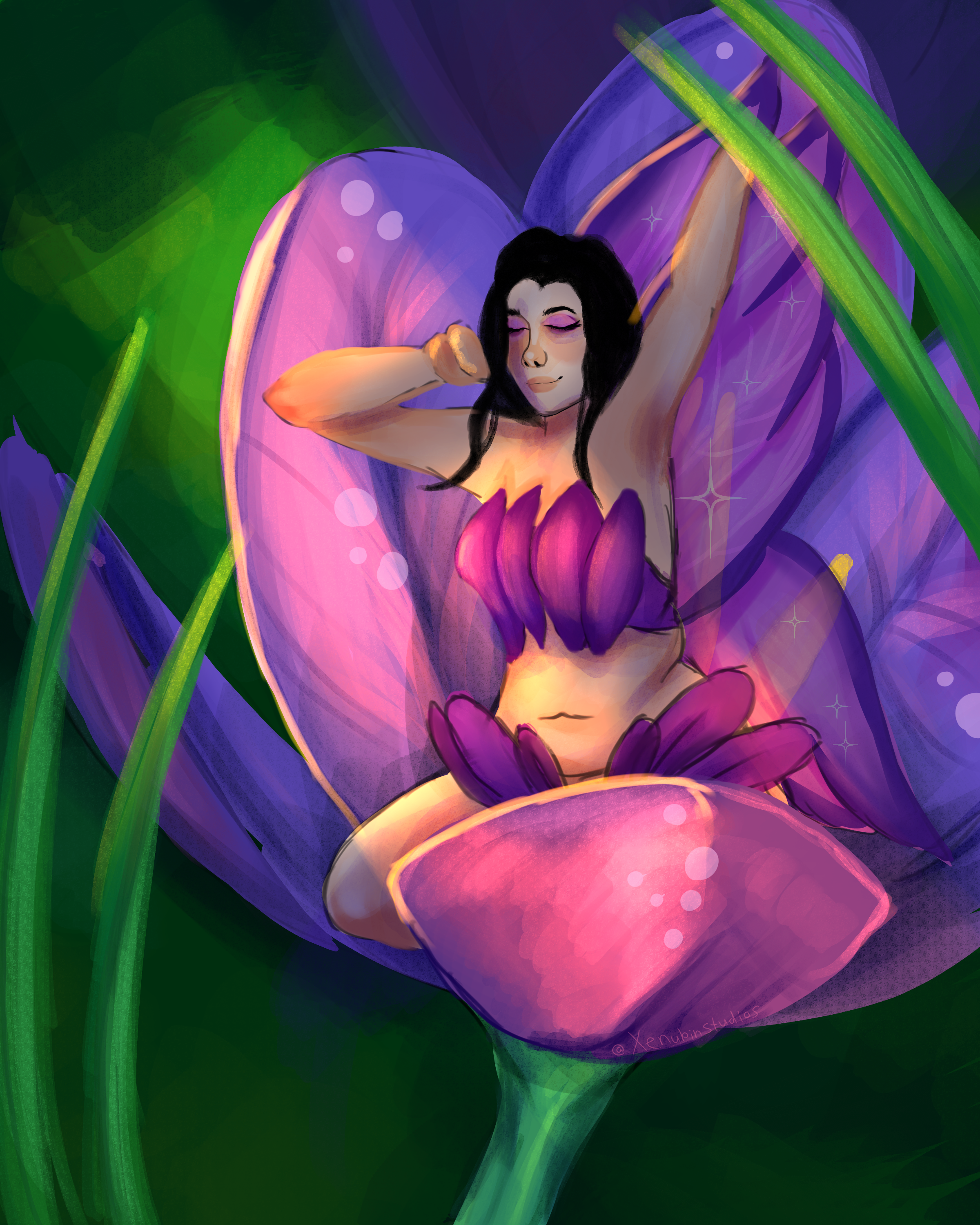 A digital portrait of woman in a flower with clothing made of petals.